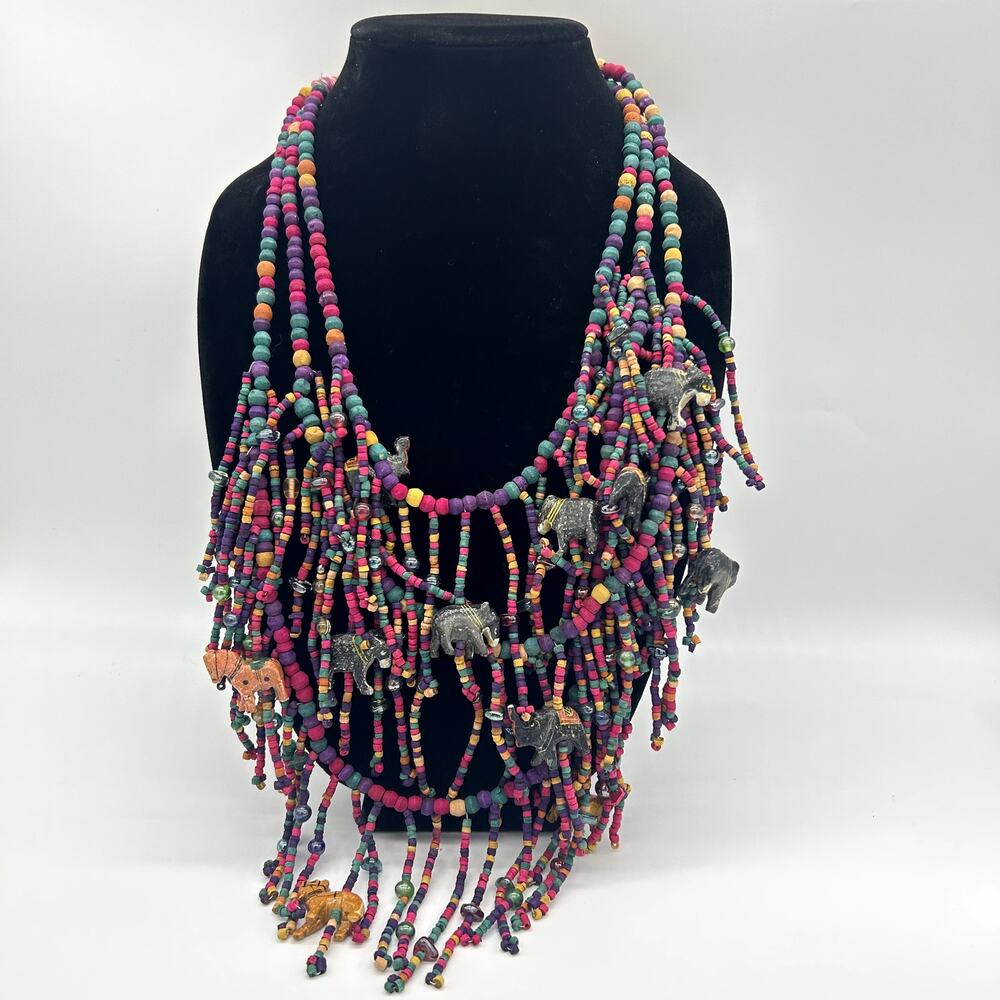 Vintage Colorful Wooden Multistrand Animals Necklace Jewelry Elephant Camel